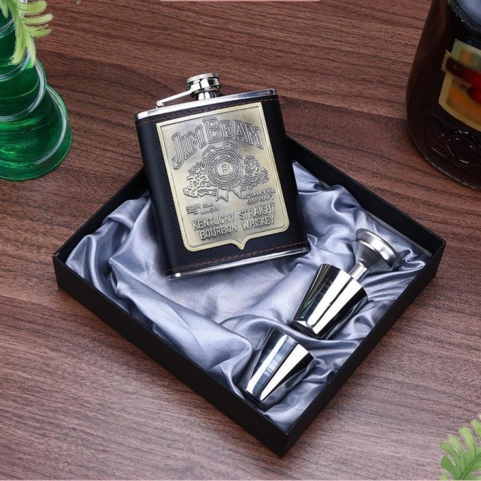 ✨LARIS✨ -Botol Wine Whisky Hip Flask Set Stainless Steel - JimBeam Leather