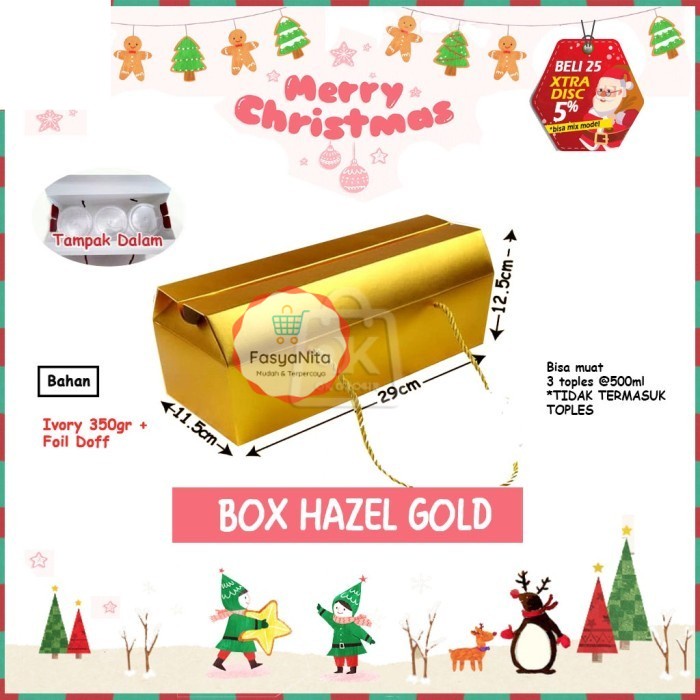 

Box Natal HAZEL GOLD untuk 3 Toples 500ml / Kado Natal (1 pcs) - FasyAnita Mart Denpasar