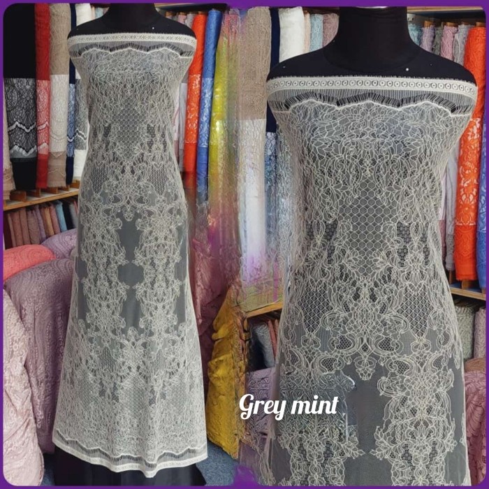 Kain brokat chantilly lace panel, brukat chantily santili - grey mint