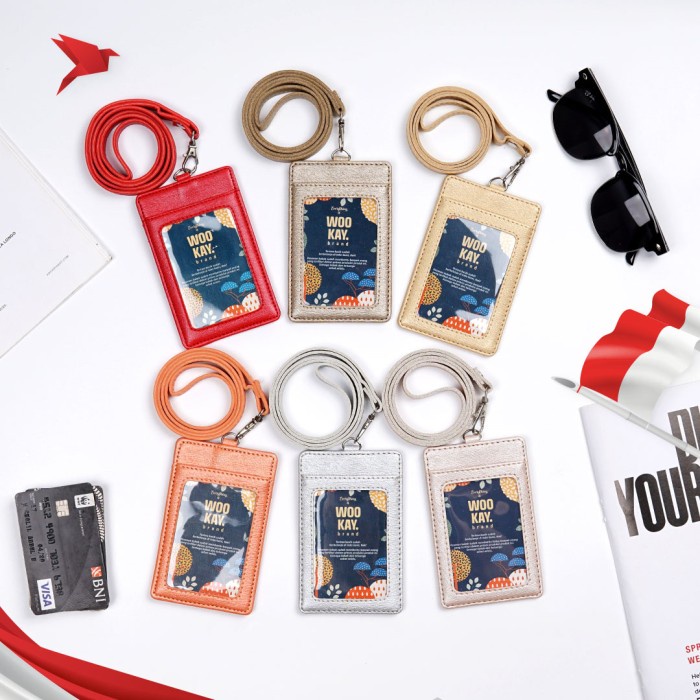 

Name Tag/ID Card Holder/Lanyard/Gantungan ID Card + Nama + logo - Peach Metallic, Polos