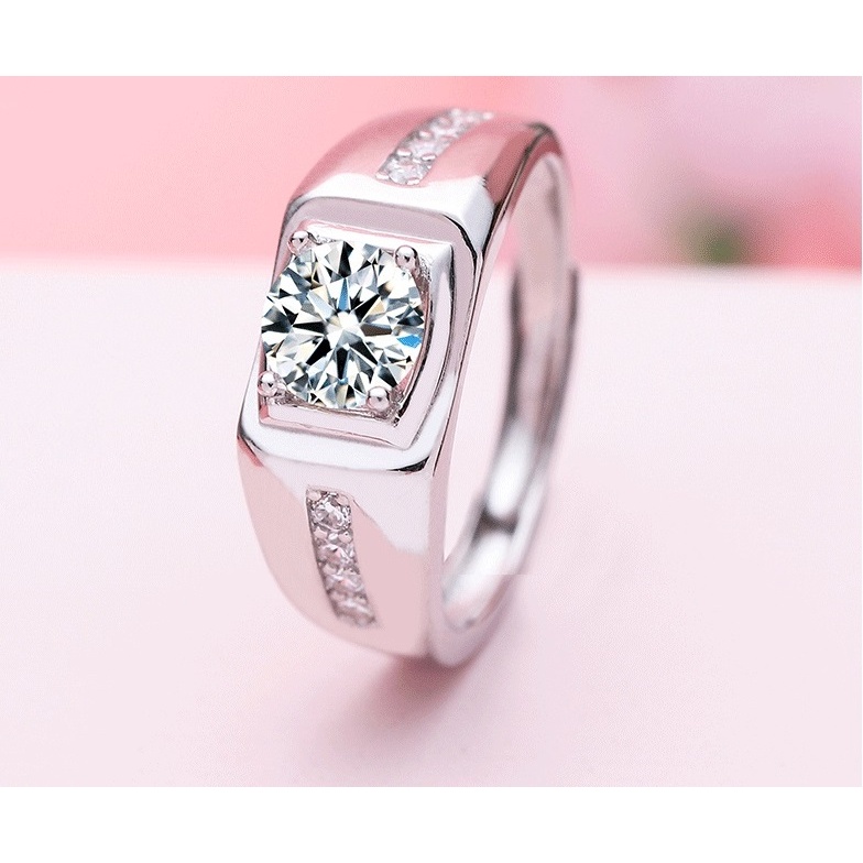 Cincin Pria Moissanite Man Ring Adjustable Perhiasan Elegant Solitaire Fancy Diamond Look Cincin Tun