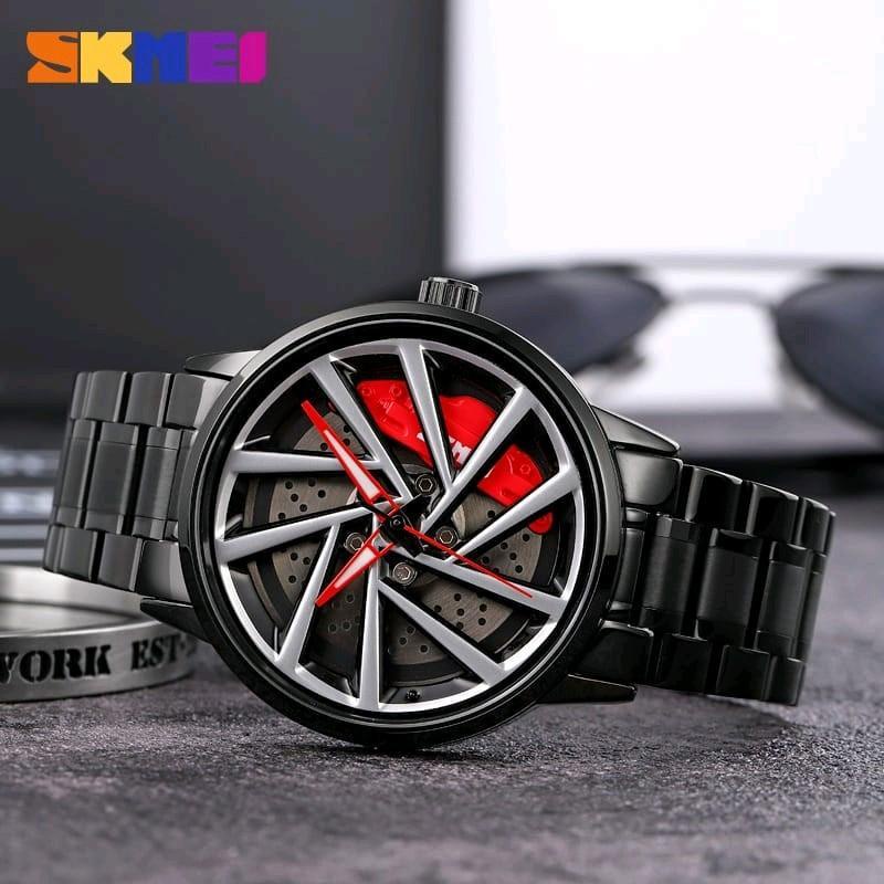 Jam Tangan Pria Analog SKMEI 1990 Original Spinning Wheel MODEL VELG RODA Water Resistant Diameter 4