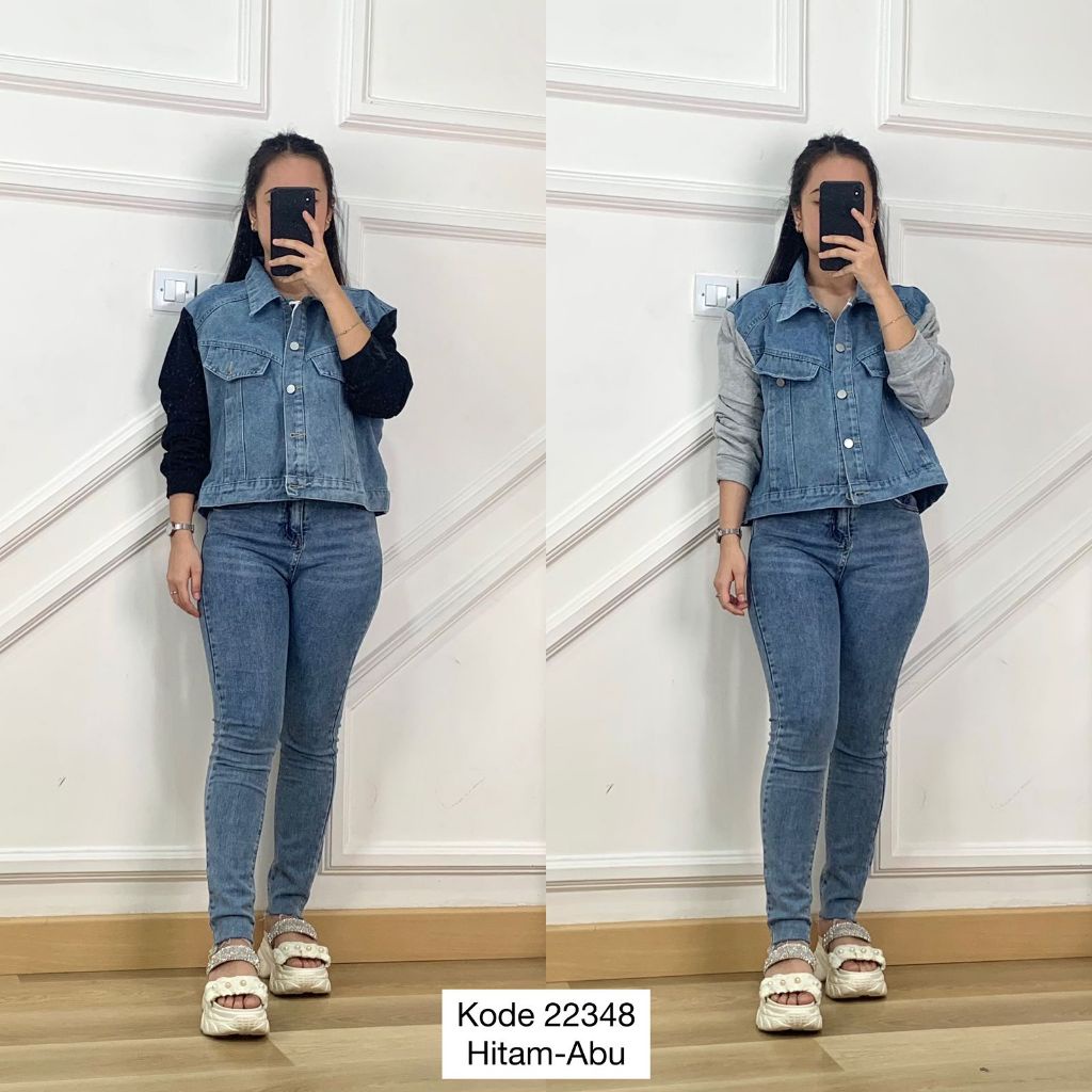 ATASAN OUTER JAKET JEANS CROP MIX COTTON VARIASI ACC TWIN POCKET DEPAN TANGAN PANJANG PREMIUM JAKET 