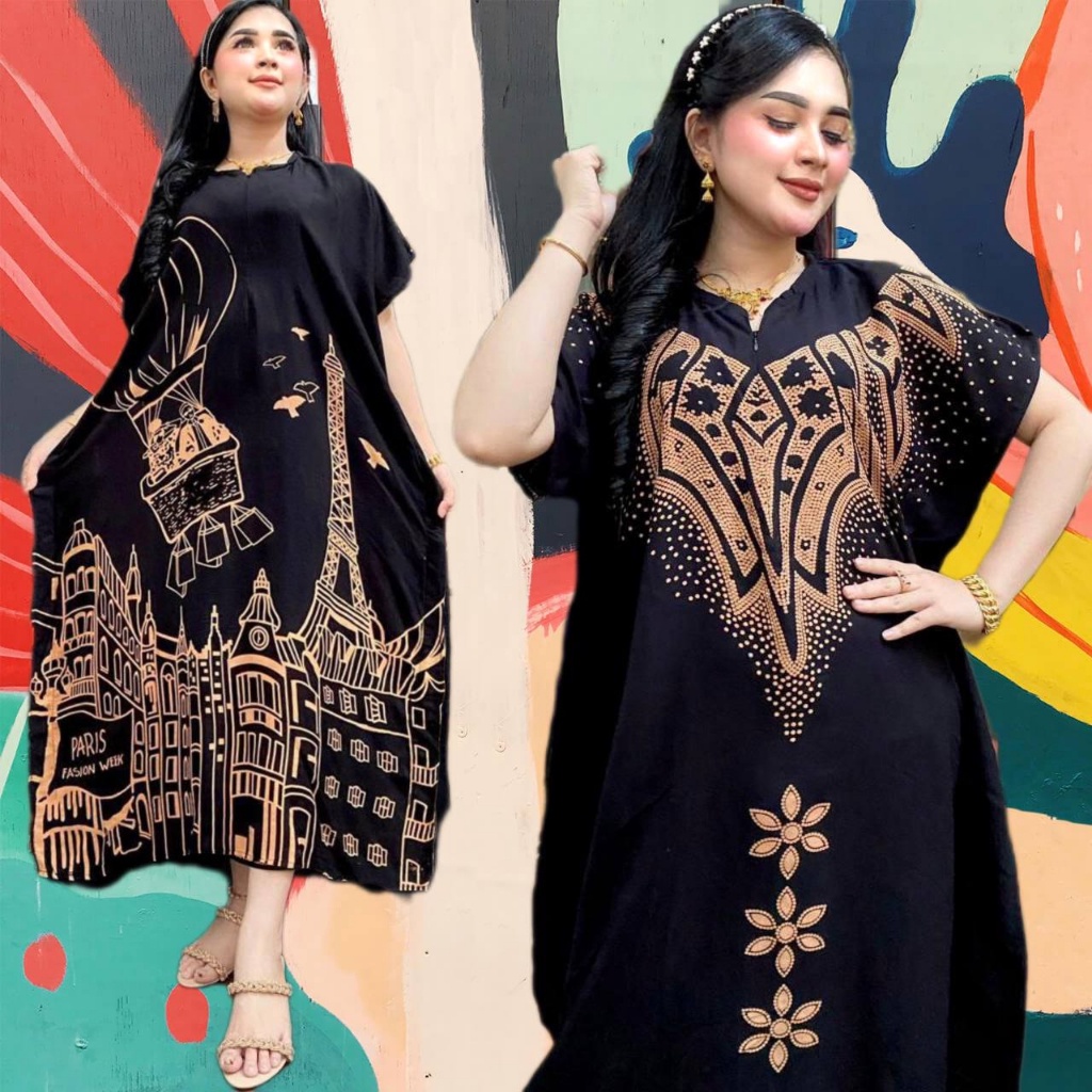 Daster Motif Batik Model Lowo Kelelawar Warna Hitam Lengan Pendek Ukuran Jumbo LD 120 Cm Bahan Katun
