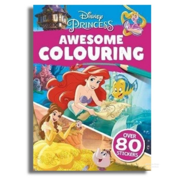 Terlaris ✨ - Buku Mewarnai Awesome Coloring Disney Princess Ariel Belle 80 Sticker