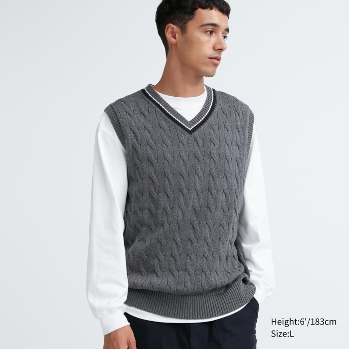 UNIQLO Rompi Rajut Kabel Kerah V 460953 Uniseks - 07 GRAY