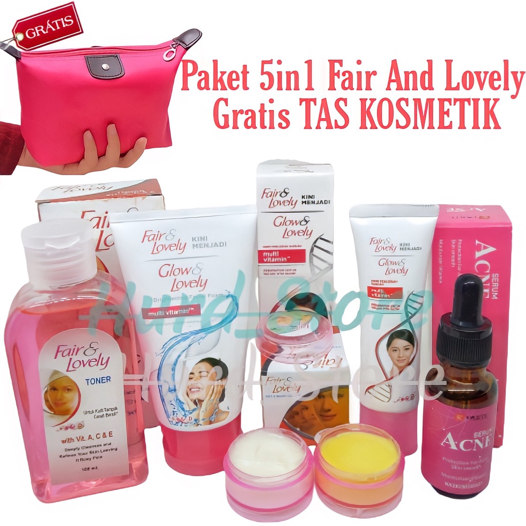 HM Paket 5 in 1 Fair And Lovely [ Gratis TAS KOSMETIK ] - Cream Siang Malam - Pelembab - Facial Foam