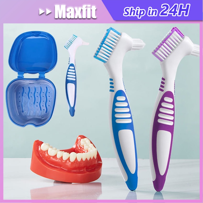 2Pcs/Set Denture Box Kotak Tempat Gigi Palsu Gigi + Sikat Gigi Palsu Denture Brush Double Head Desig