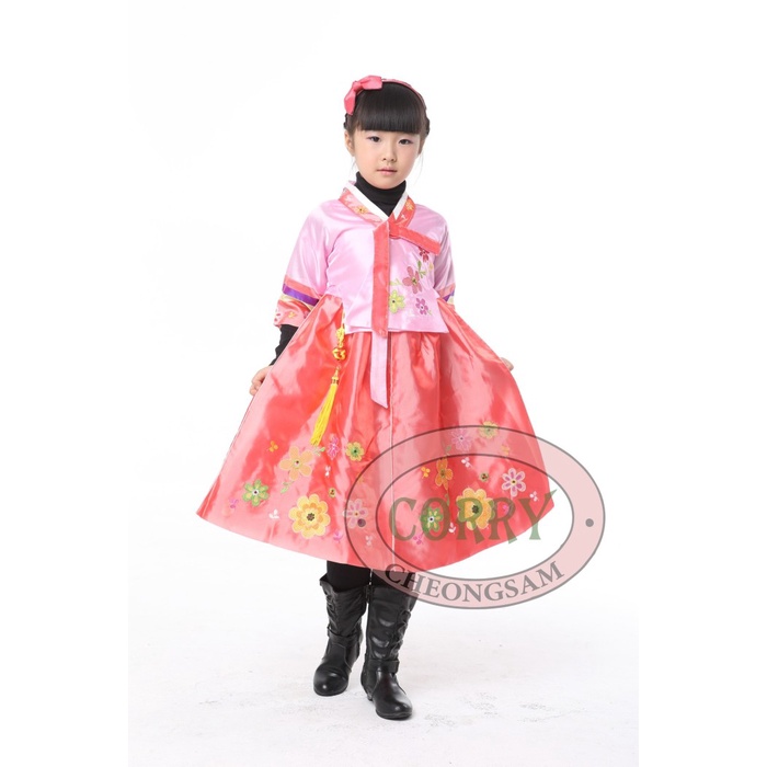 Baju Dress Korea Hanbok Anak Perempuan Merah Muda Pink
