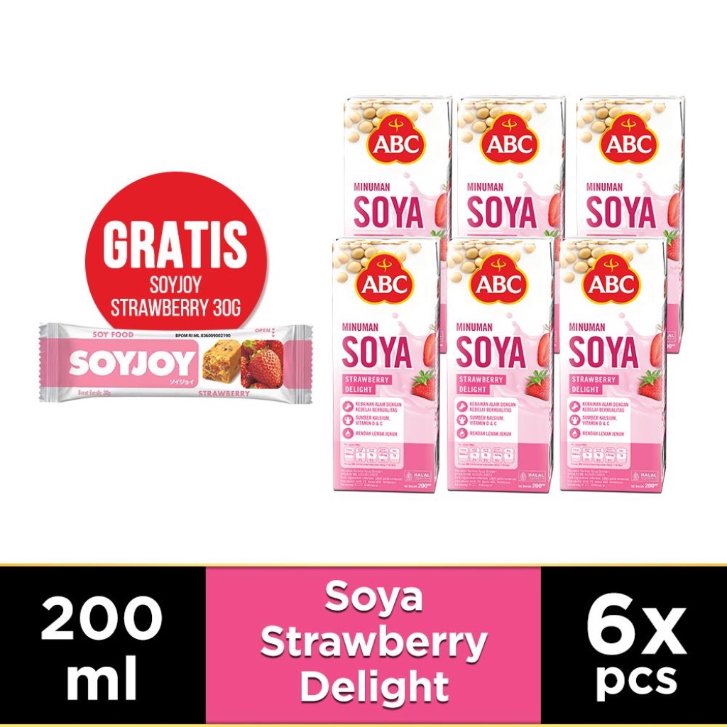 

ABC Soya Sari Kedelai Strawberry Delight 200 ml - Multipack 6 pcs free Soyjoy Strawberry