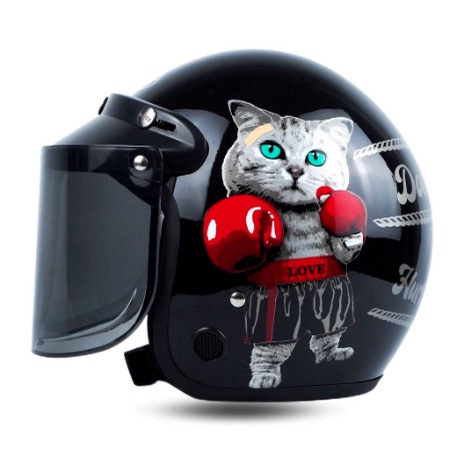 Helm Motor Bogo Wanita Dewasa Motif Lucu SNI Terbaru - CAT BOXING GLOS, DATAR HITAM