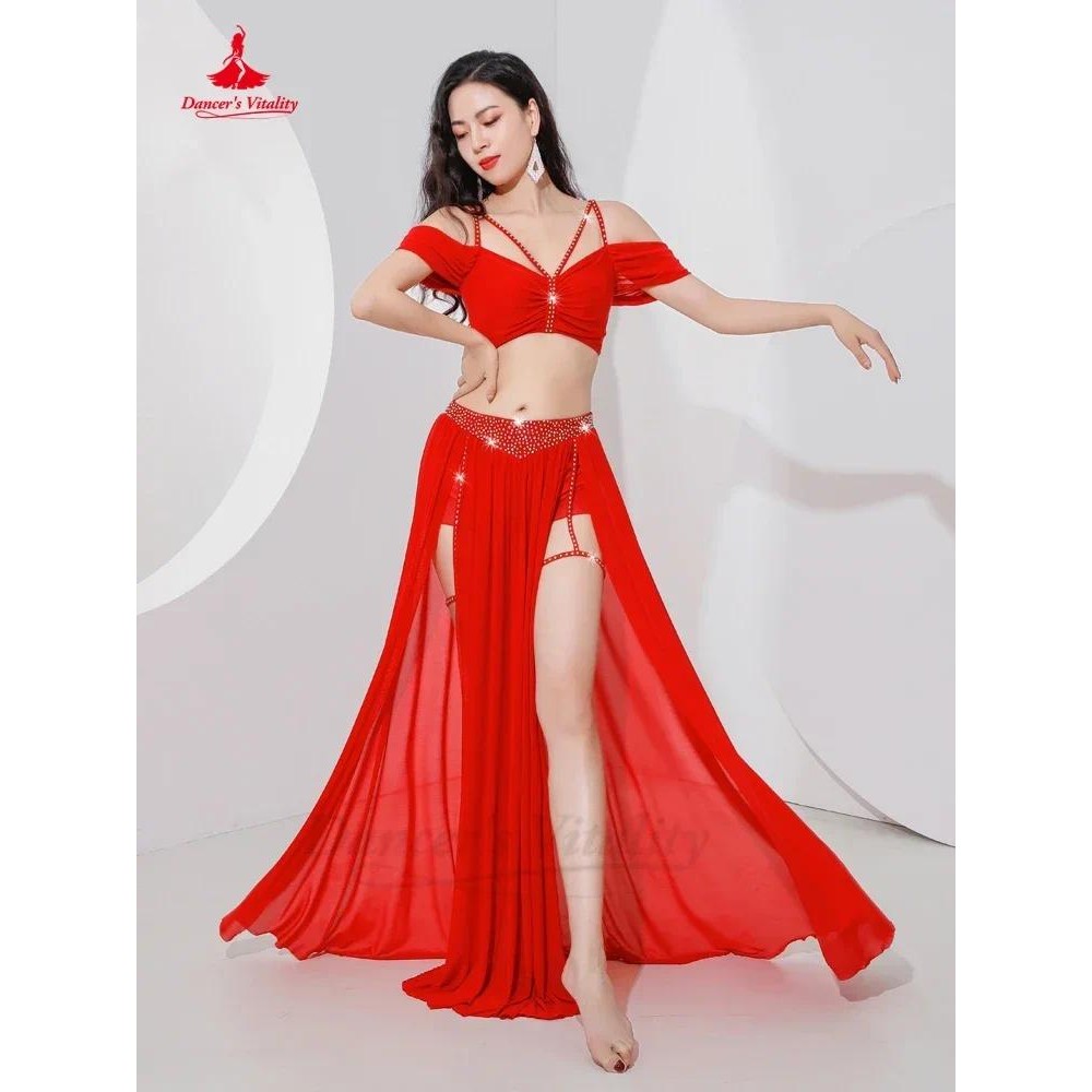 

Belly Dance Professional Suit for Women Mesh Short Sleeves Top+sexy Split Long Skirt 2pcs Girl's Oriental Belly Dancing Suit