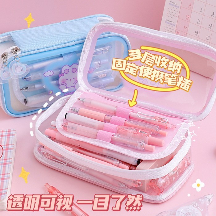 

Tempat pensil aesthetic transparan pencil case box pensil korea organizer box pensil cute - Biru