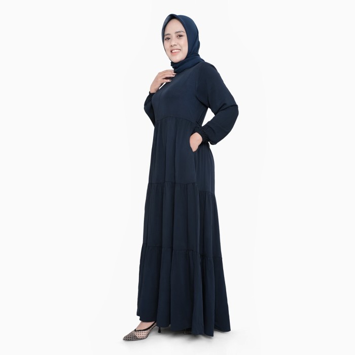 Dress Maxi Gamis Muslim Wanita Busui Rayon Twill Polos - Biru dongker, m+