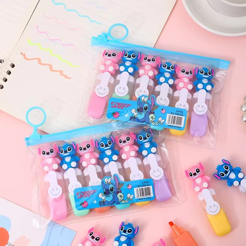 

Disney Stitch Doll 6pcs Highlighter Pen 6-color New Mini Cartoon Single Inclined Student Stationery Hand Account Birthday Gift
