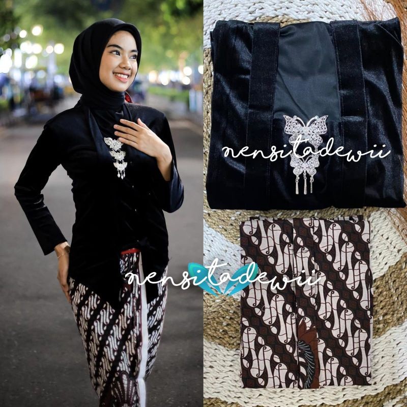LURIK Set Kebaya Kutubaru + Jarik Wiru Instan / Nuansa Hitam, Motif Parang Garuda