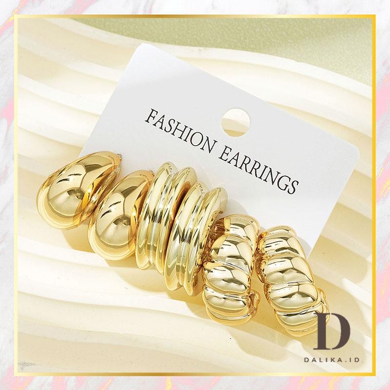 Anting Set Hoop Tusuk 3 Pasang Bulat Tebal Model Vintage