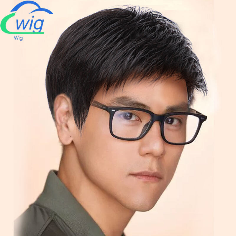 Rambut pendek para pria wig, rambut nyata, penutup kepala, tampan, alami, usia tengah dan ayah tua, 