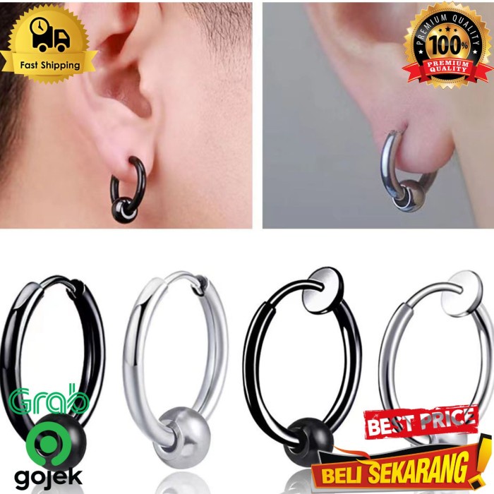 Anting pria jepit magnet tanpa tindik ring bulat hitam silver / anting jepit pria / anting pria magn