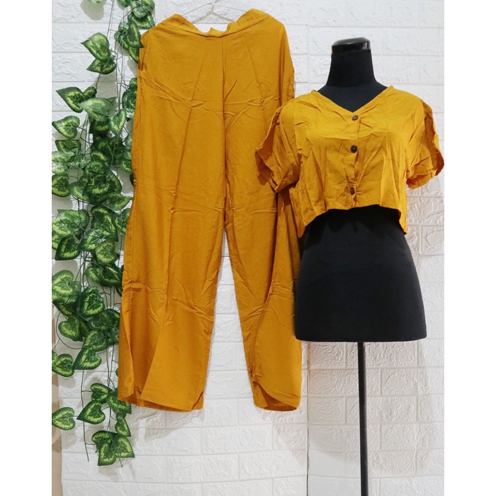 Baju Setelan wanita Kekinian Crop / Set Crop Wanita Kancing Rayon Bal - Mustard