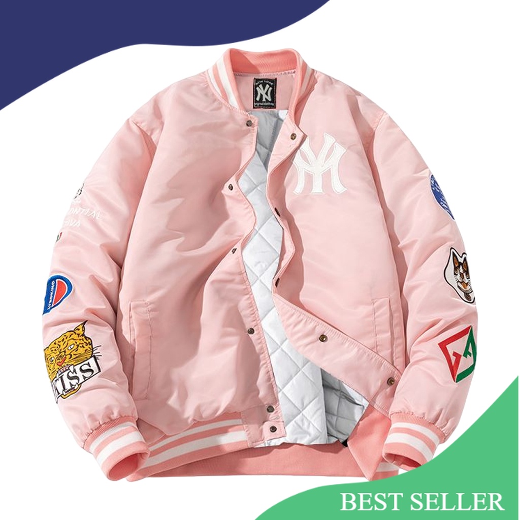 JUMPSHOT Jaket Baseball Varsity Pria Wanita Warna Pink Premium Original Full Bordir Keren/Grey