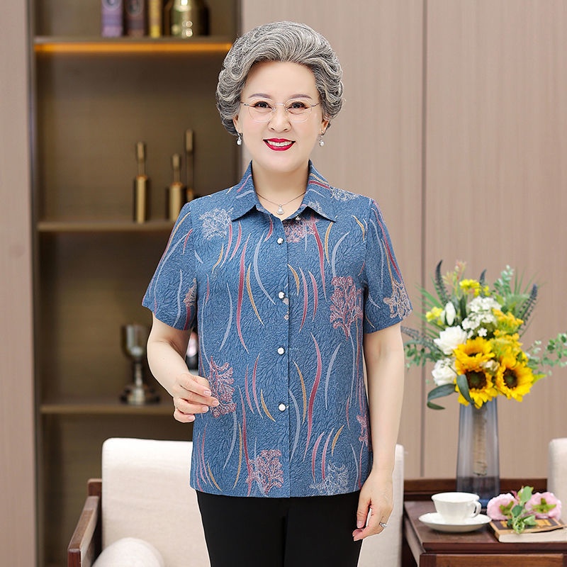 Baju Wanita, Pakaian Musim Panas Nenek, Baju Lengan Pendek Ibu, Pakaian Sipon Atas Yang Lengan Kuart