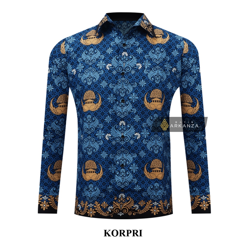 GUDANG BATIK ARKANZA Motif KORPRI TANPA FURING KERAH HITAM Terbaru 2022 Atasan Kemeja Baju Batik Pria  Lengan Panjang Lapis Furing Slim Fit Original Bahan Katun Halus Premium Modern