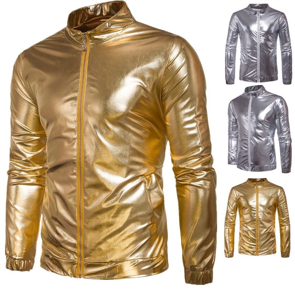 Gold and silver glossy loose fitting large standing collar metal jacket jacket jacket for men's perf