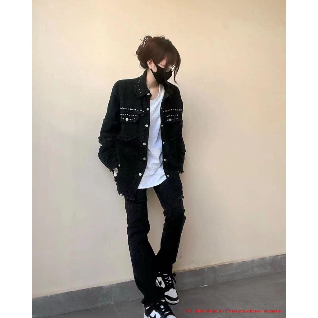 Metal punk design denim jacket for men and women, American high street ins trendy brand rough hem lo
