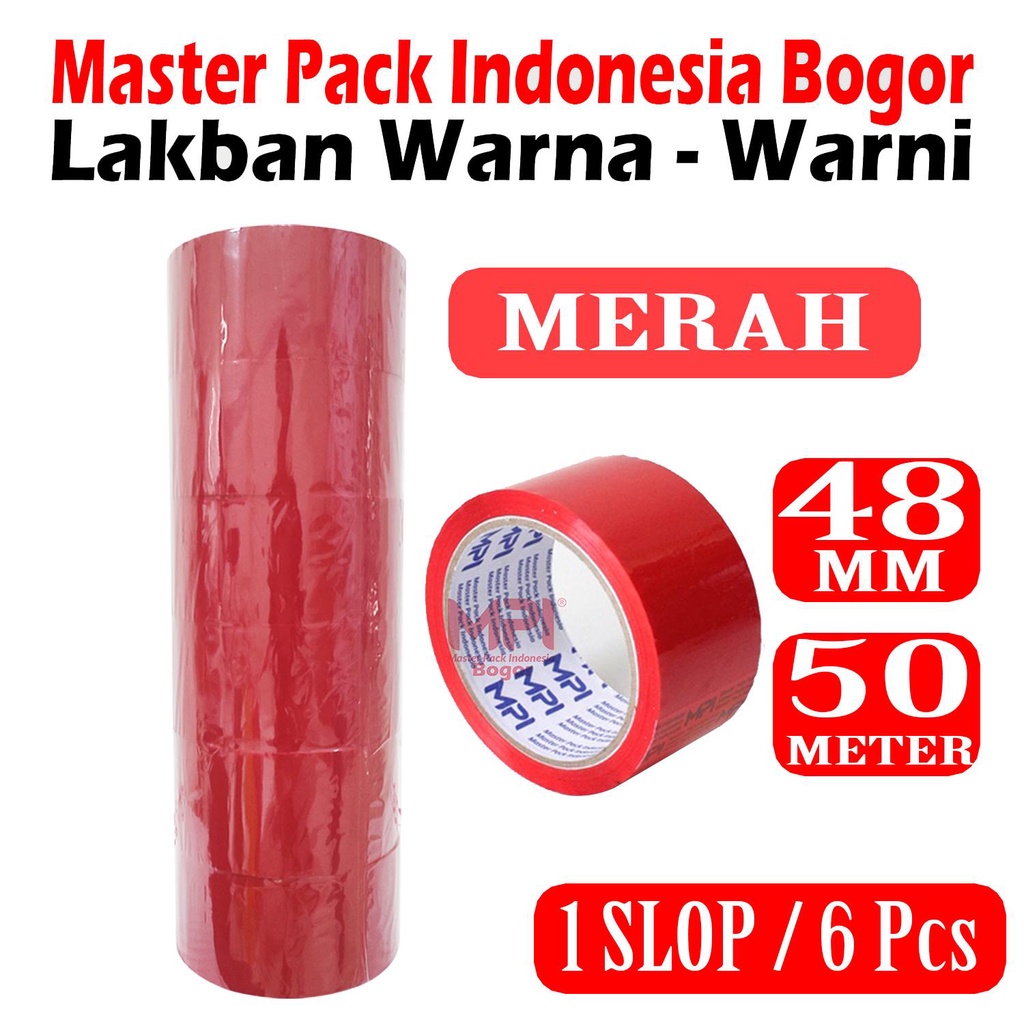 

1 SLOP [ 6 PCS ] Lakban MPI Warna Merah 48 mm x 50 Meter - Lakban Warna Master Pack Indonesia