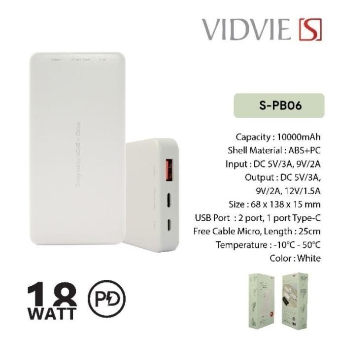 Powerbank 10000 mAh PD 18watt Vidvie S PB06
