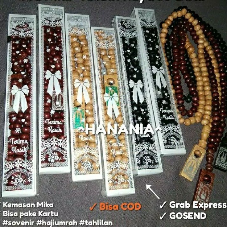 

[custom stiker] Tasbih Souvenir Pernikahan Khitanan Tahlilan 40 Hari Haji Umrah Kemasan Mika Motif