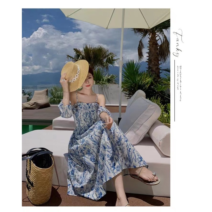 Midi Dress Motif Bunga Warna Biru Putih Lengan Pendek Pendek Size S, M, L, XL, XXL - Dress Casual Ka