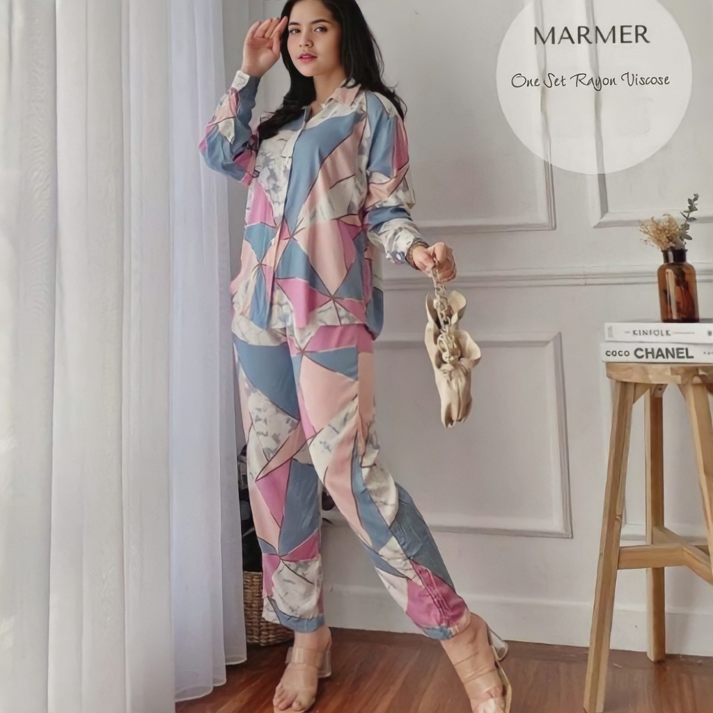 One Set Piyama Setelan Rayon Pajamas Viscose Motif Terbaru Wanita Dewasa Lengan Panjang Full kancing