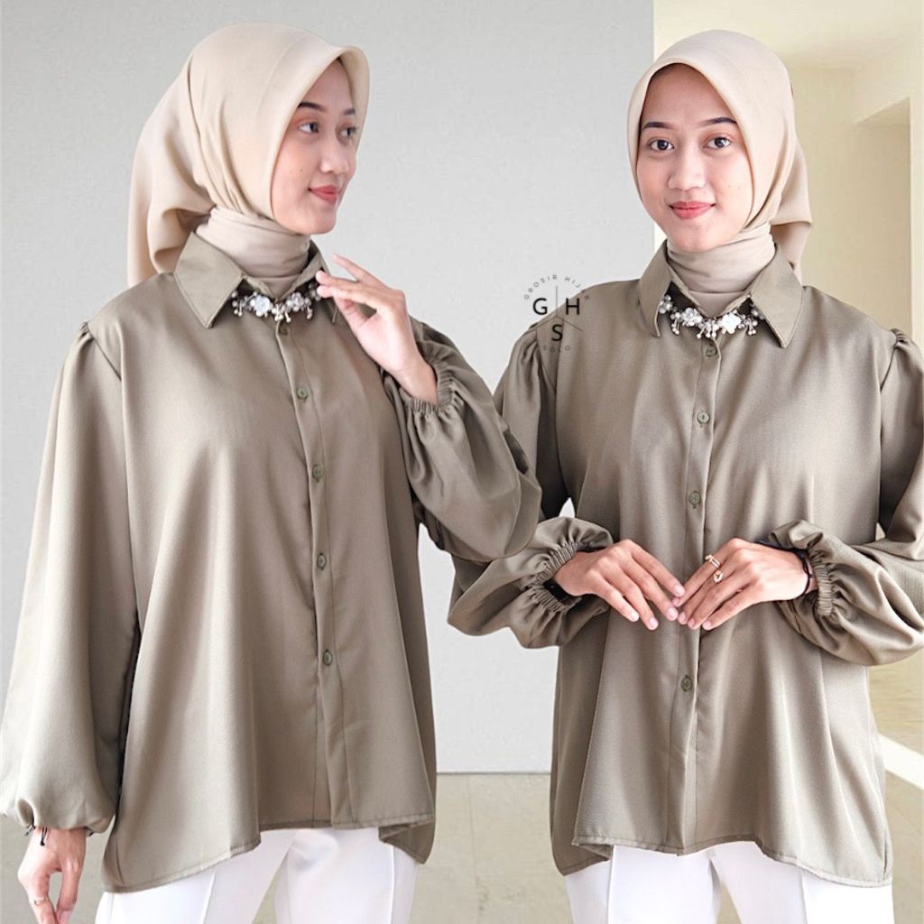 Zea Kemeja Wanita Lengan Panjang Balon Warna Putih Hitam Bata Coksu Sage Baju Atasan Remaja Korean S