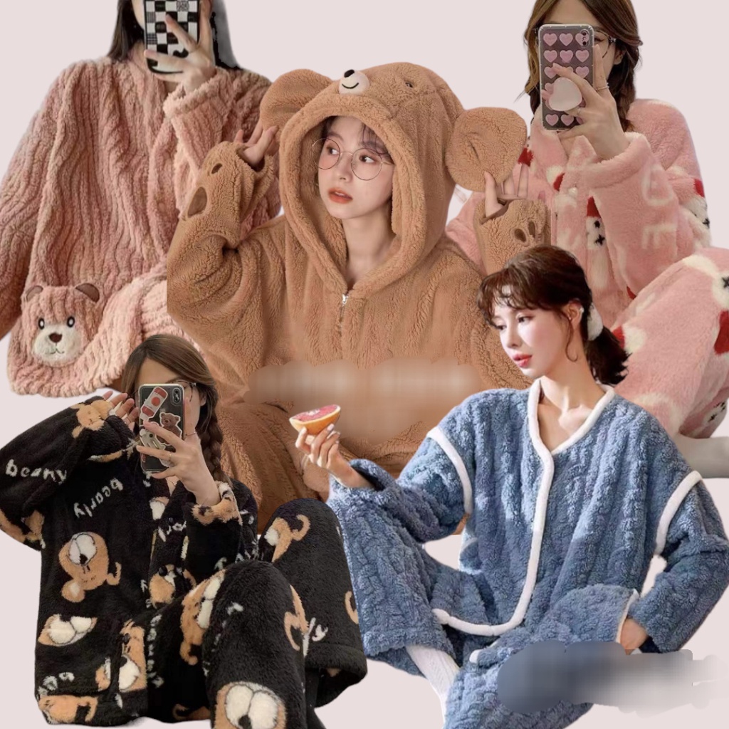 SETELAN PIYAMA SET PAKAIAN BAJU TIDUR JUMBO WANITA DEWASA BULU BLUDRU TEBAL PP IMPORT KANCING OVERSI