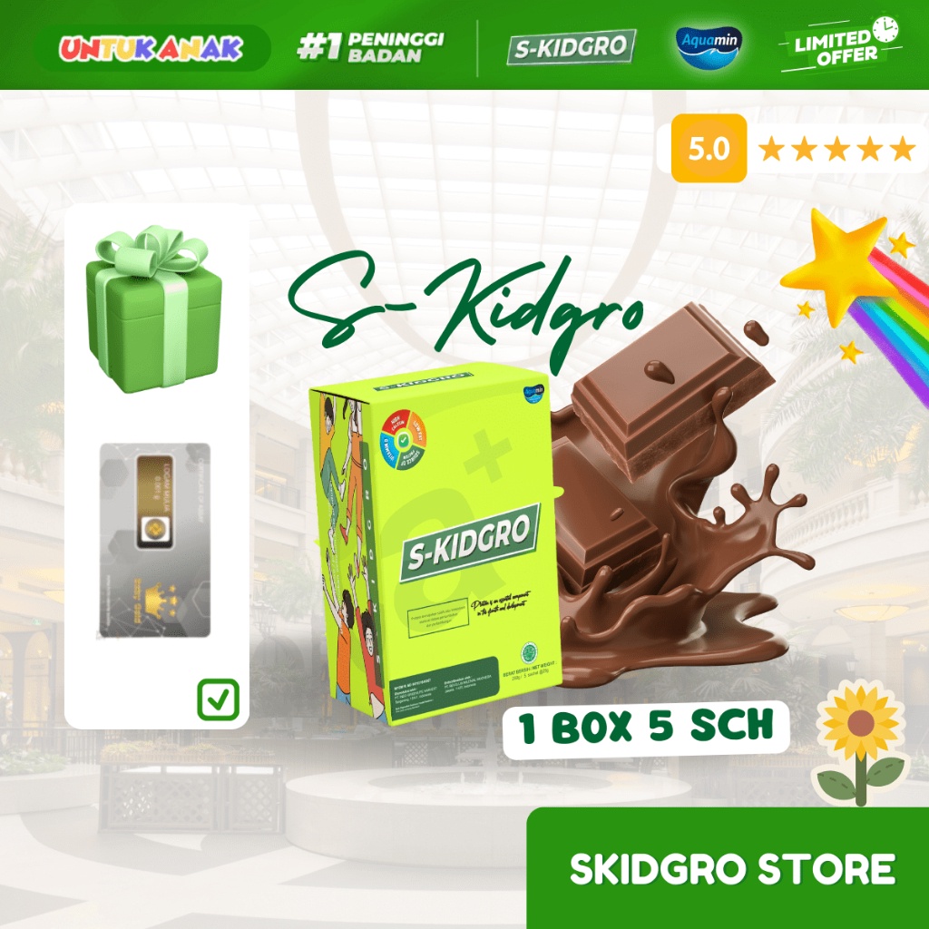 

S-KIDGRO PENINGGI BADAN ANAK SUSU SKIDGROW FULL KALSIUM PROTEIN & DHA ( 1 BOX ISI 5 SACHET ) FREE MINI EMAS! BISA COD! SGL