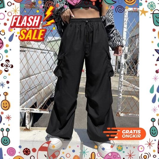 MEGASALE / Celana Panjang Kargo Wanita Baggy Pants Serut Gombrang Premiun Parasut Kargo Unisex Cewek