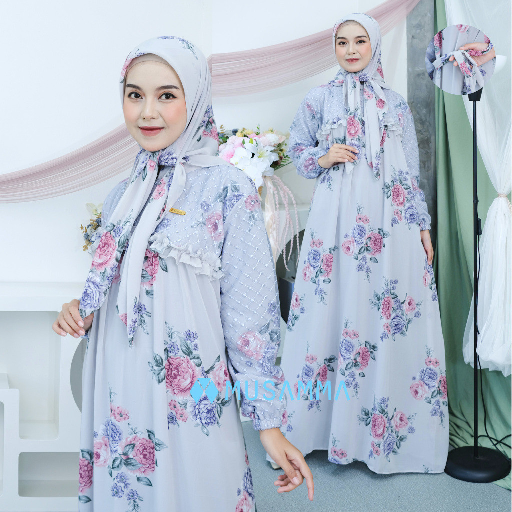 bg64rk ANJANI DRESS - Dress Ceruty Print Full Furing Busui dan Wudhu Friendly FREE Kerudung SegiEmpa