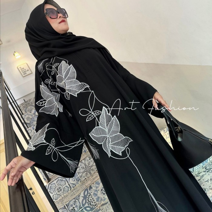 NEW -abaya hitam turkey gamis muslimah jubah umroh - Hitam gold, All size Ld 120