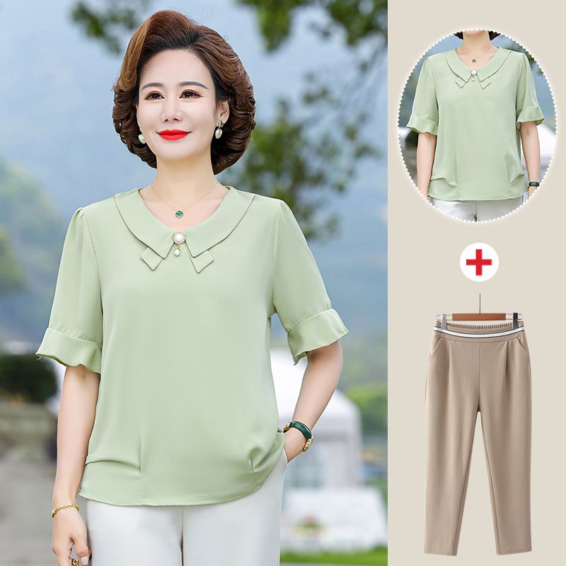 Setelan Kaus Atasan Wanita Usia Paruh Baya Model Foreign Style Lengan Pendek Warna Polos Sifon