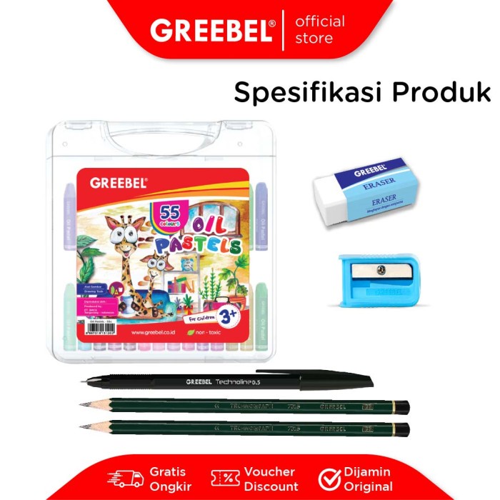 

GREEBEL Bundling Crayon/Krayon/Oil Pastel 55 warna + Paket Alat Tulis