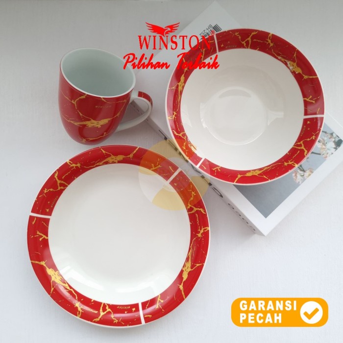 WINSTON 3pcs Set Paket Piring Mangkok Mug MARMER RED | Paket Hemat 3pc