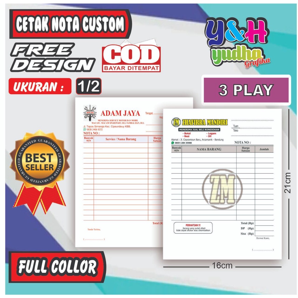 

Nota Costum 1/2 3 Ply (25 set 75lembar) Gratis Desain Bebas Nama Sendiri Y&HYudhagrafika