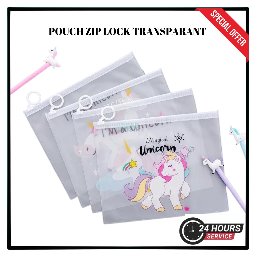 Pouch Zip Lock Kosmetik Transparan Motif Kaktus Tas Kosmetik Karakter Unicorn ZipLock Plastik Zipper