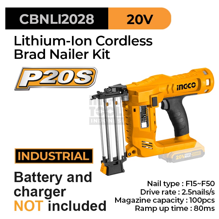 

P20S Cordless Brad Nailer (F15-50) INGCO CBNLI2028 - Paku Hekter Tembak Baterai Portable