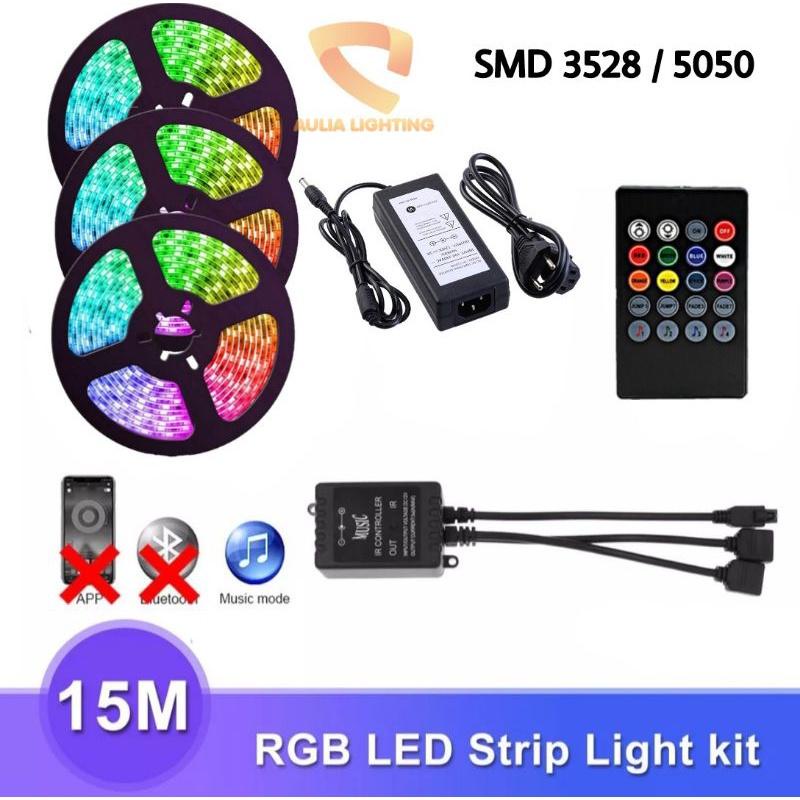 PAKET LAMPU LED STRIP RGB SMD 5050 3528 15M SENSOR SUARA MUSIC 15 METER MUSIK IR CONTROLLER WARNA WA