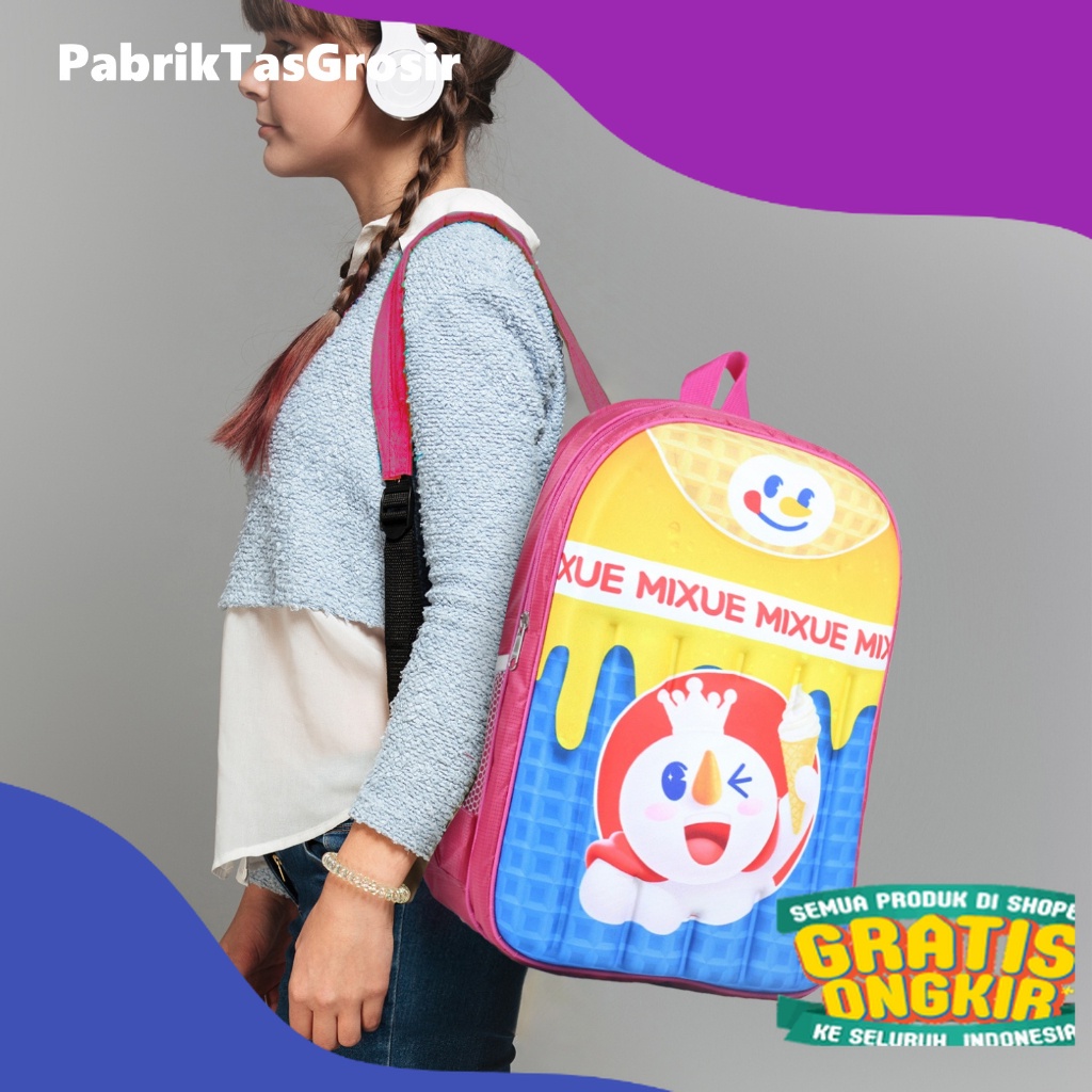 Ransel Anak TK Mixue Boba Frozen Tas Perempuan Tas Anak 3D Timbul Emboss dan Anak Lampu LED  Karakte