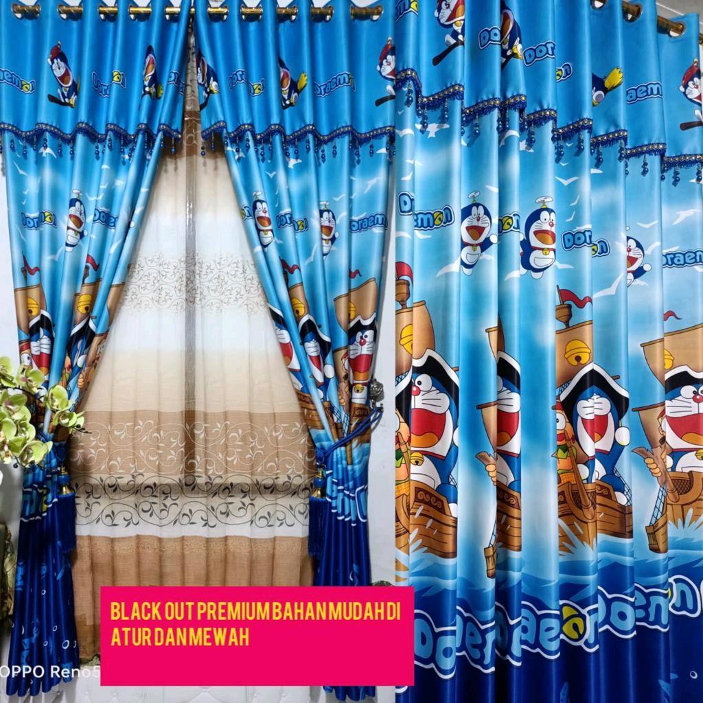 Gorden karakter doraemon Kamar Tidur jendela 12 lubang 6 gelombang bahan blackout tebal poni gabung 