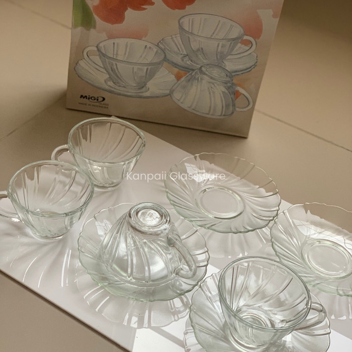 •kanpaii• 4 Pasang Cangkir Teh Kaca /Cangkir Tatakan/ Flamingo Set